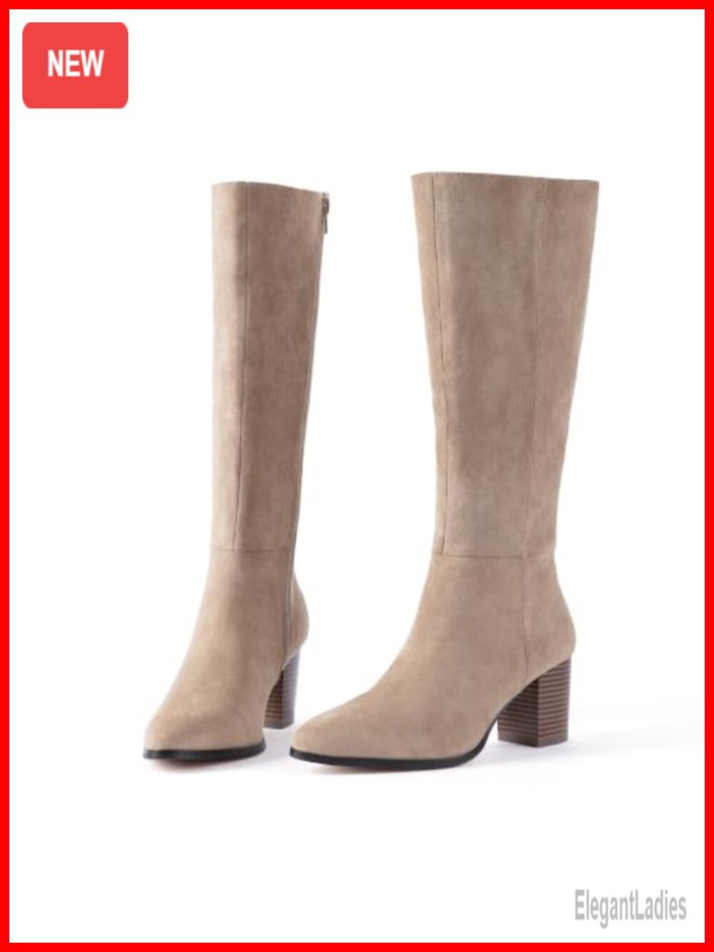 Wide Calf Knee High Faux Suede Boots Block Heel Side Zip